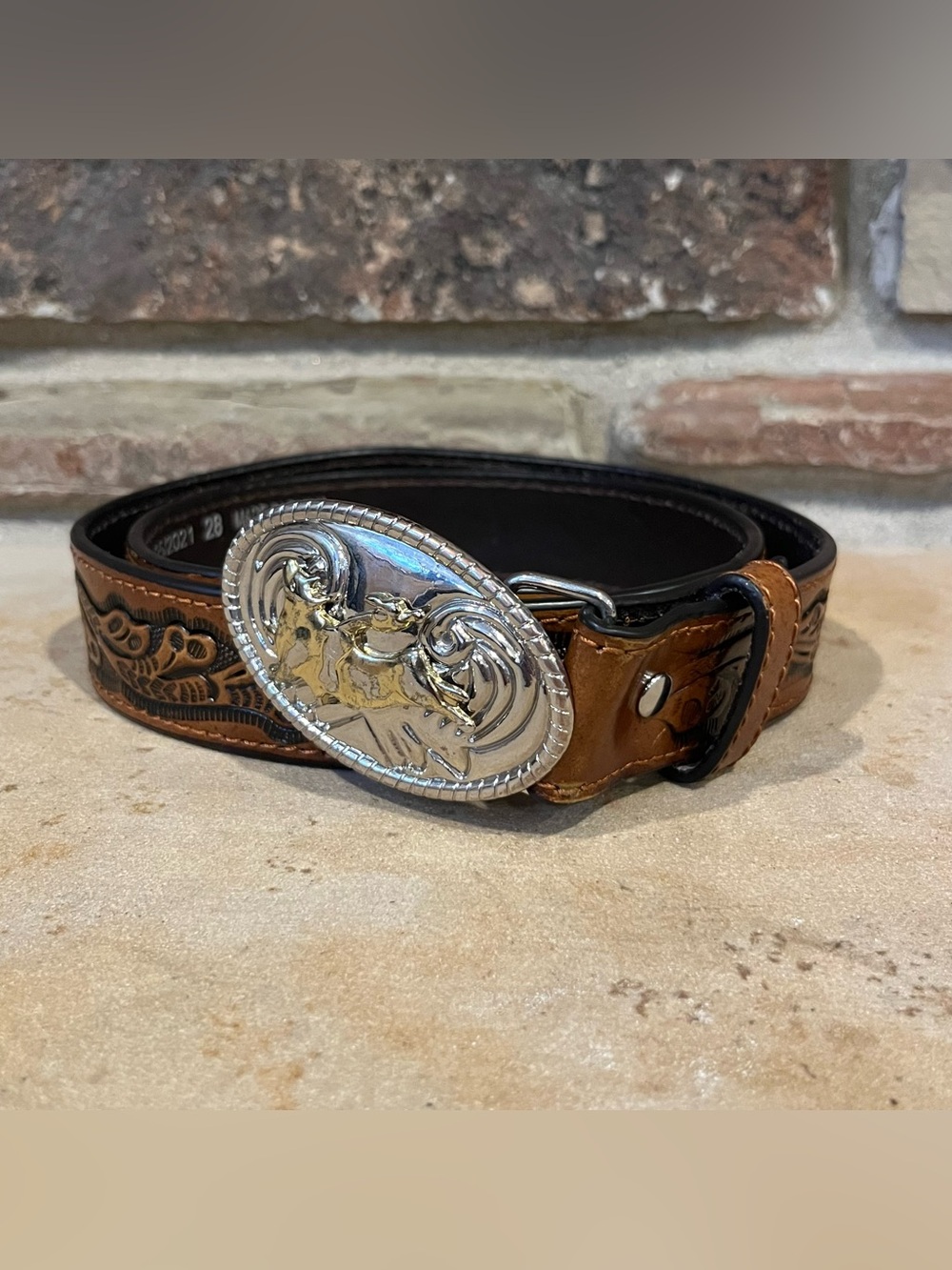 Nocona Western Tooled Brown Leather Belt with Silver Rodeo Buckle
